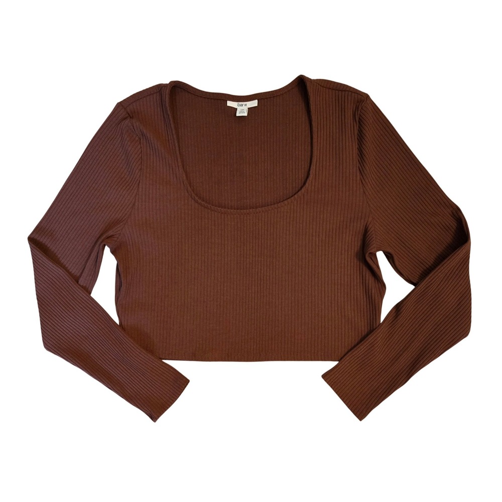Bar III Womens L Casual Cool Brown Ribbed Long Sleeve Scoop Neck Crop Top